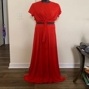 Red 2 piece wrap top with maxi skirt